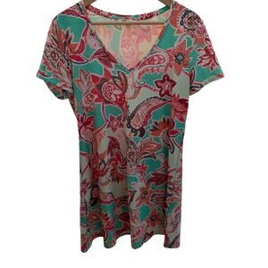 Aryeh Blue Red Paisley Print Nylon Tunic Shift Dress Short Sleeve Size M